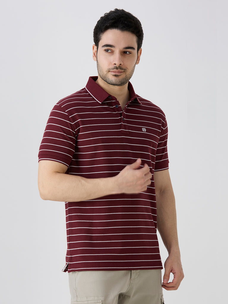 Maroon Pique Popcorn Knit Horizontal Stripe Polo