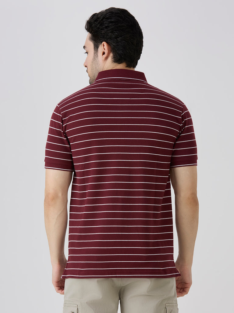 Maroon Pique Popcorn Knit Horizontal Stripe Polo