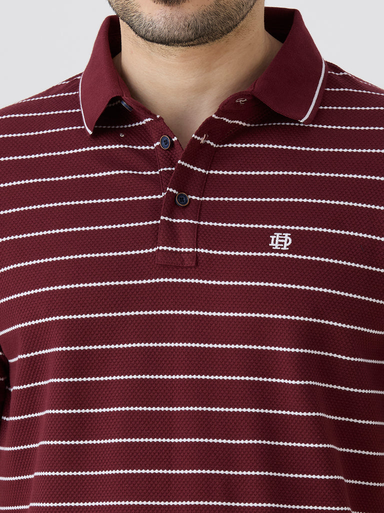 Maroon Pique Popcorn Knit Horizontal Stripe Polo