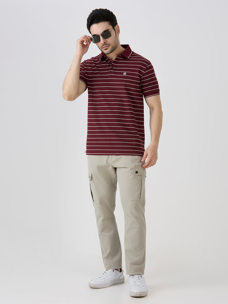 Maroon Pique Popcorn Knit Horizontal Stripe Polo