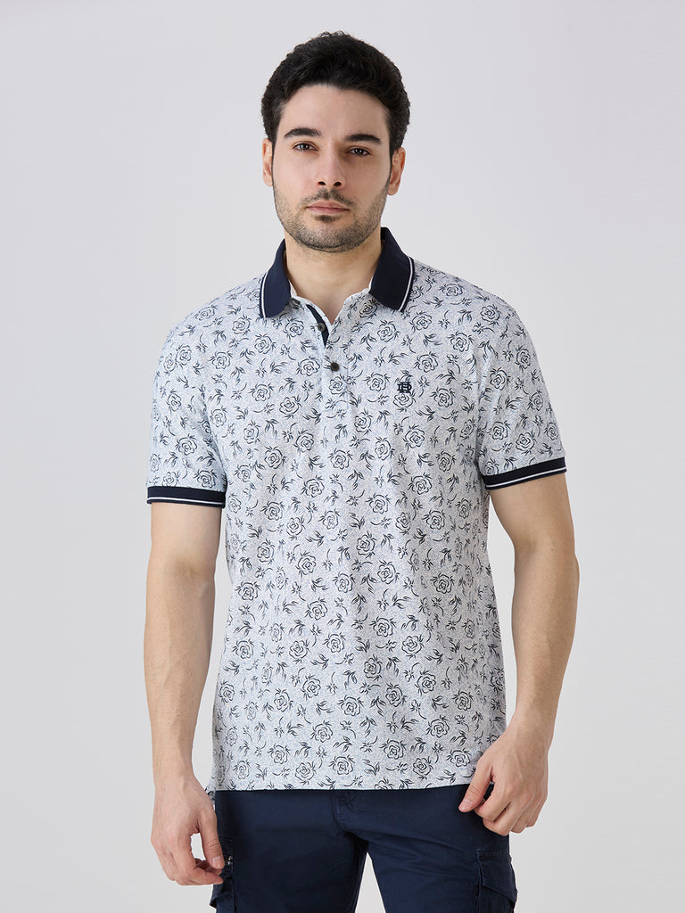 Navy Jersey Lycra AOP Polo