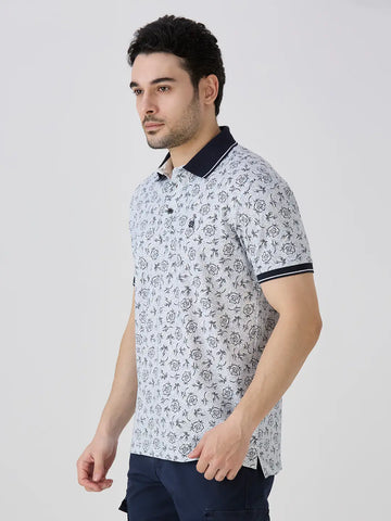 Navy Jersey Lycra AOP Polo