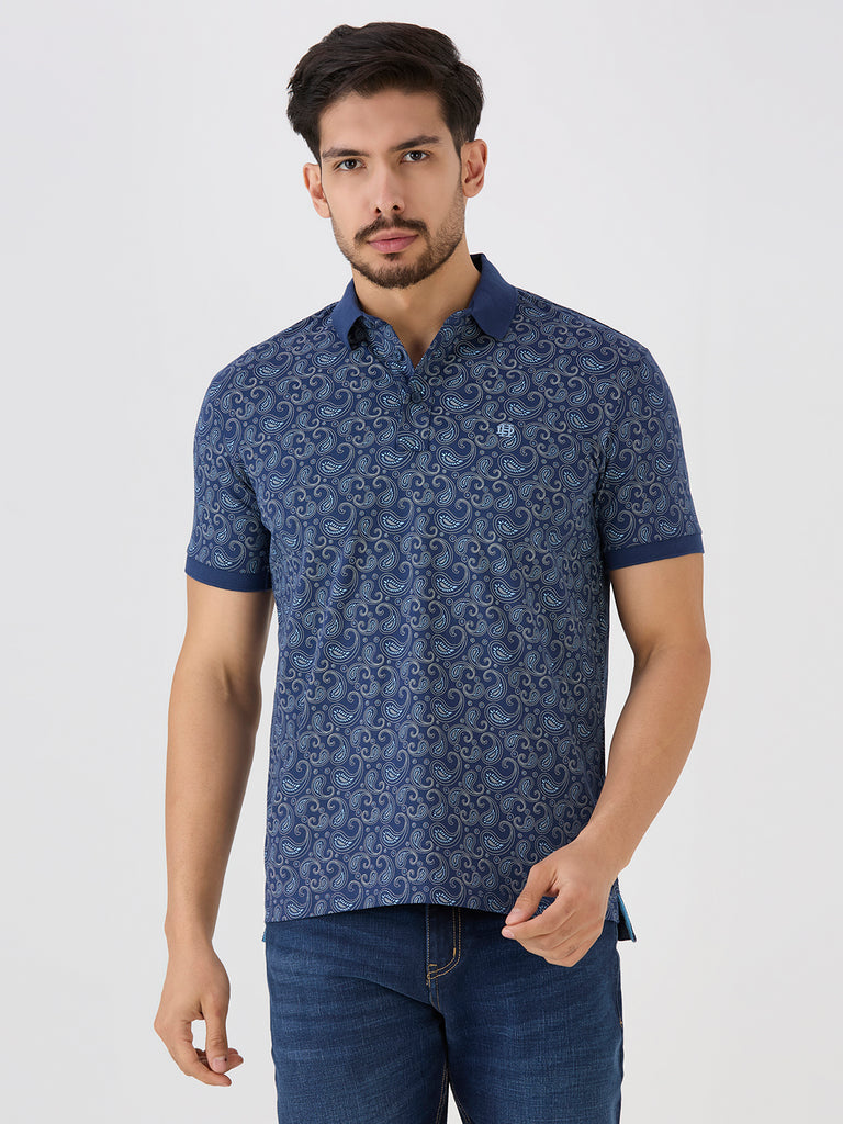 Indigo Jersey Lycra AOP Polo