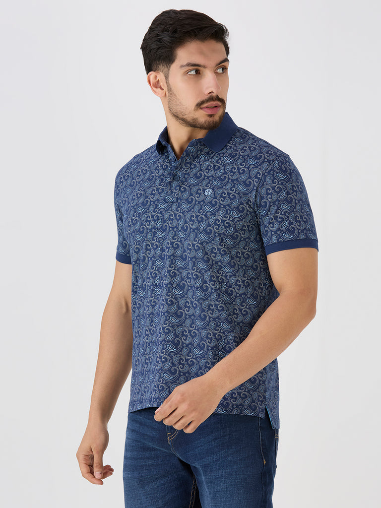 Indigo Jersey Lycra AOP Polo