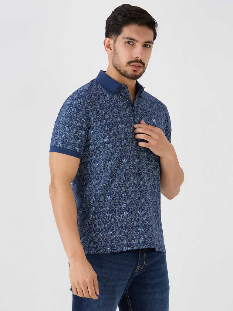 Indigo Jersey Lycra AOP Polo