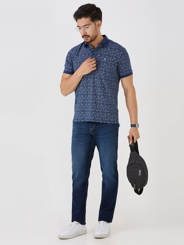 Indigo Jersey Lycra AOP Polo