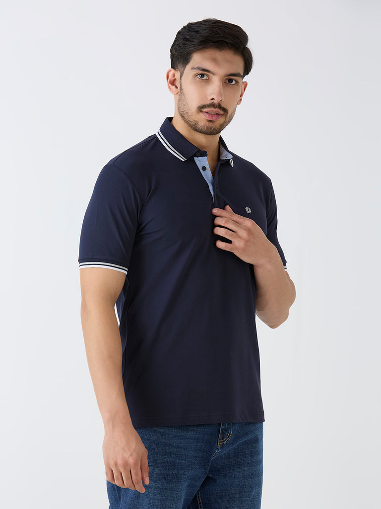 Navy Pique Lycra Solid Polo
