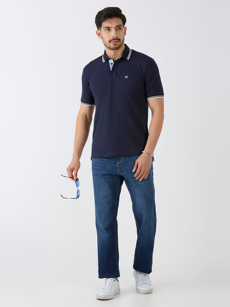 Navy Pique Lycra Solid Polo