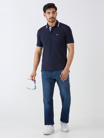 Navy Pique Lycra Solid Polo
