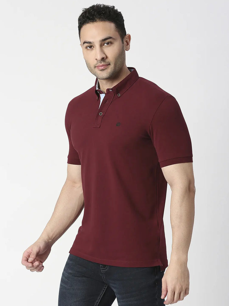 Wine Cotton Lycra Button Down Polo T-shirt