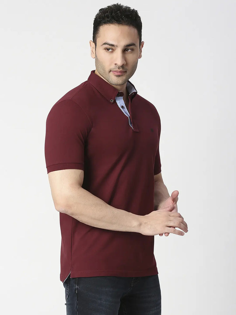 Wine Cotton Lycra Button Down Polo T-shirt