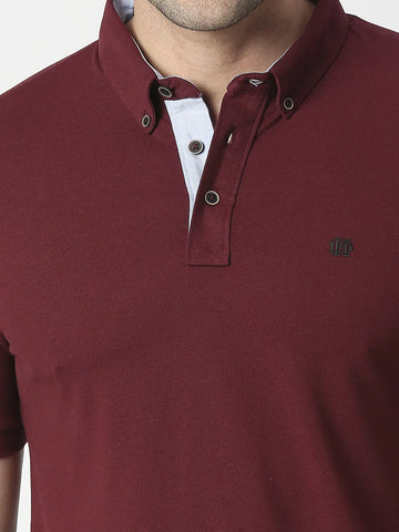 Wine Cotton Lycra Button Down Polo T-shirt