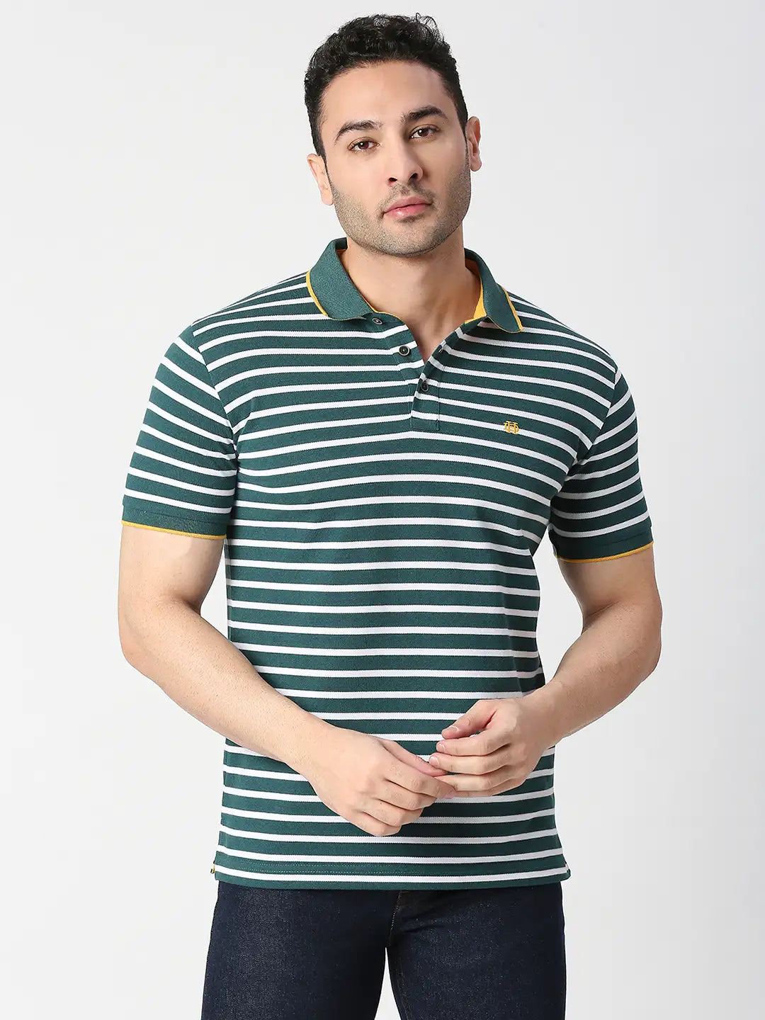 Green Pique Striped Polo T-shirt