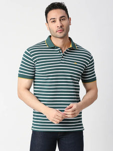 Green Pique Striped Polo T-shirt