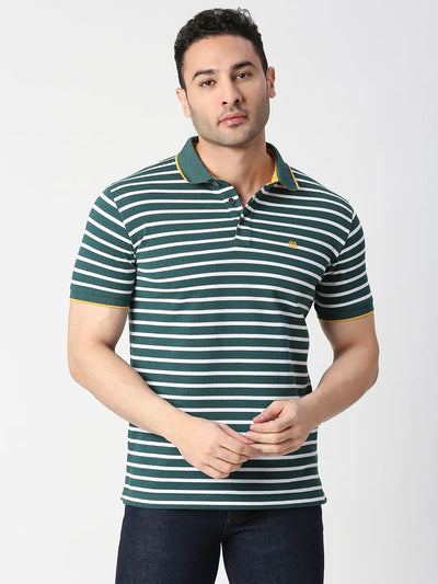 Green Pique Striped Polo T-shirt
