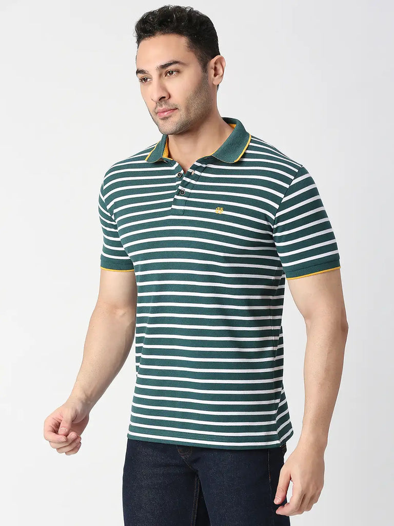 Green Pique Striped Polo T-shirt
