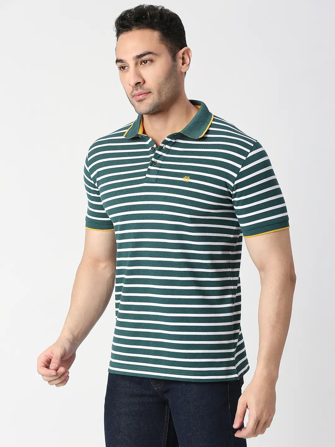 Green Pique Striped Polo T-shirt