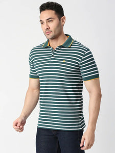 Green Pique Striped Polo T-shirt