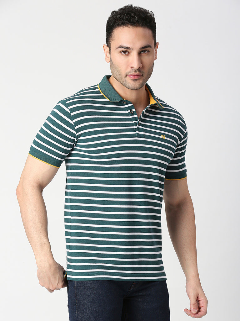 Green Pique Striped Polo T-shirt