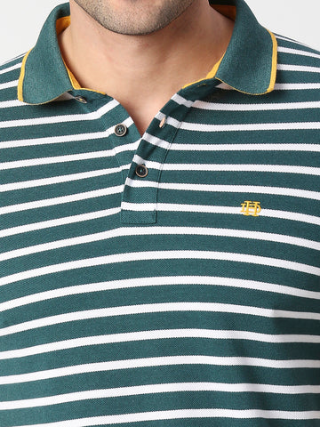 Green Pique Striped Polo T-shirt