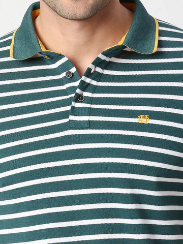 Green Pique Striped Polo T-shirt