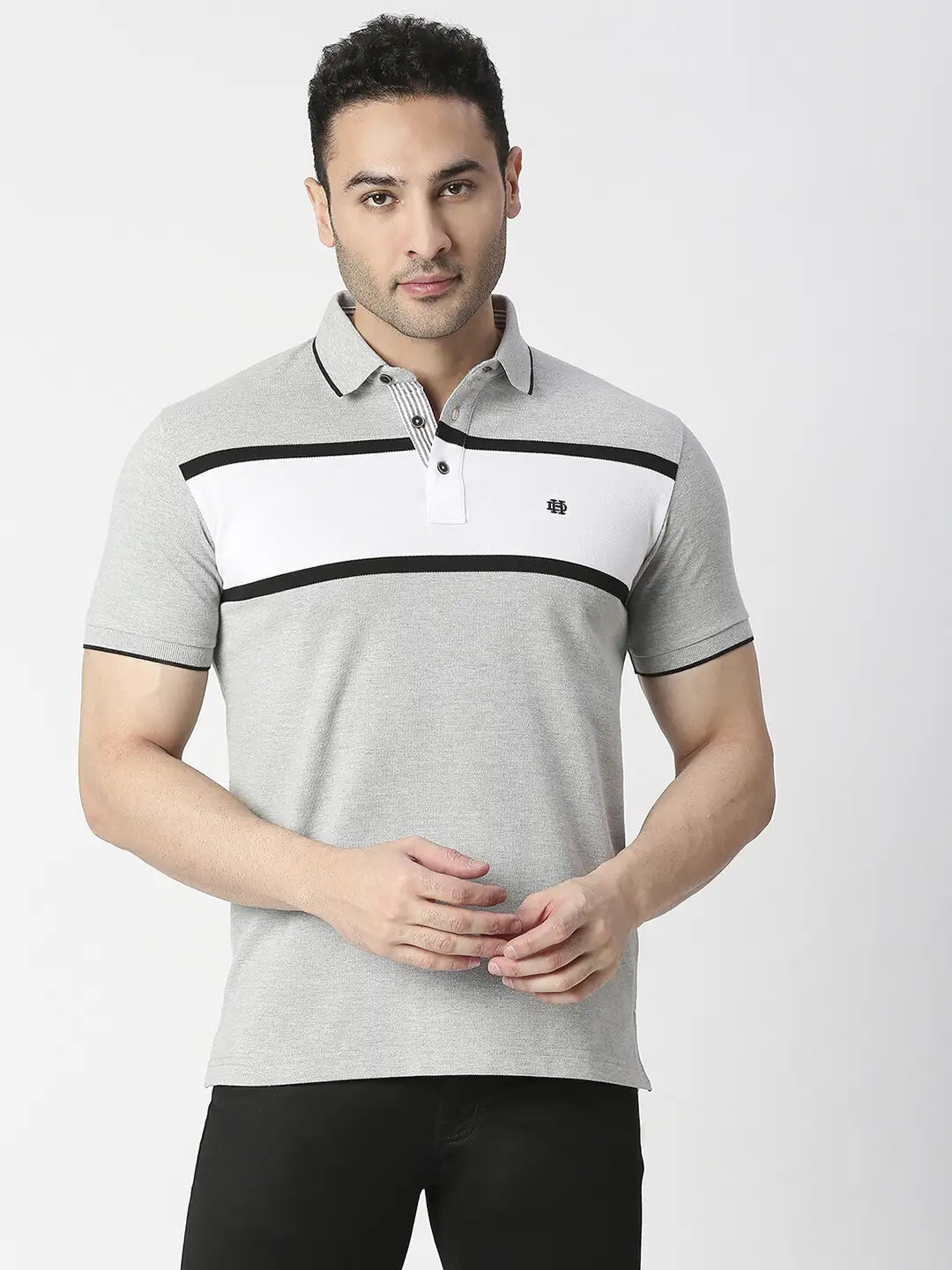Grey Melange Striped Pique Polo T-shirt