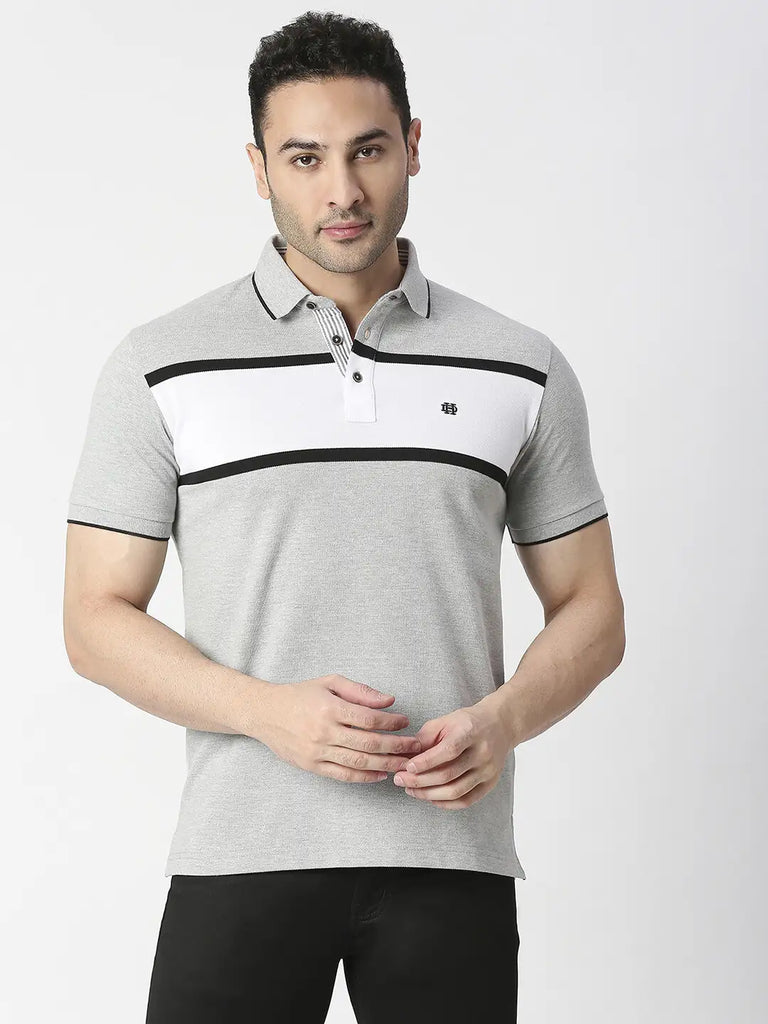 Grey Melange Striped Pique Polo T-shirt