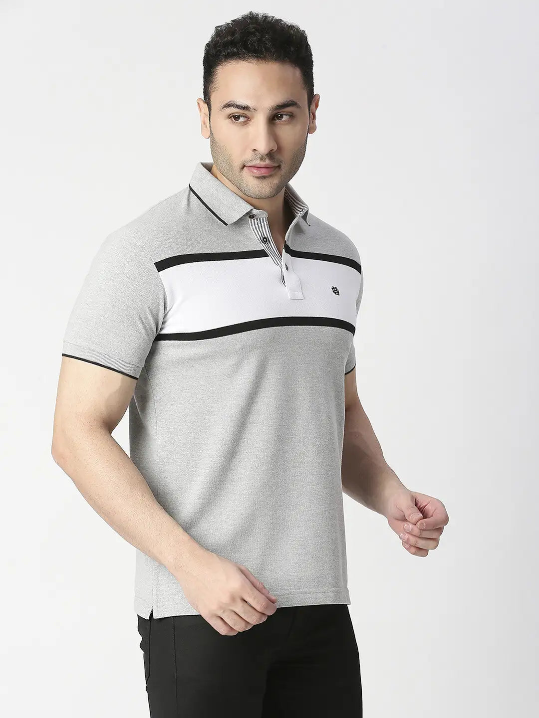 Grey Melange Striped Pique Polo T-shirt