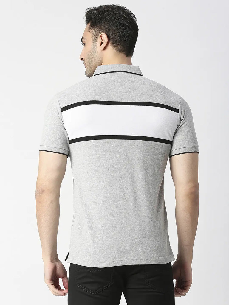 Grey Melange Striped Pique Polo T-shirt