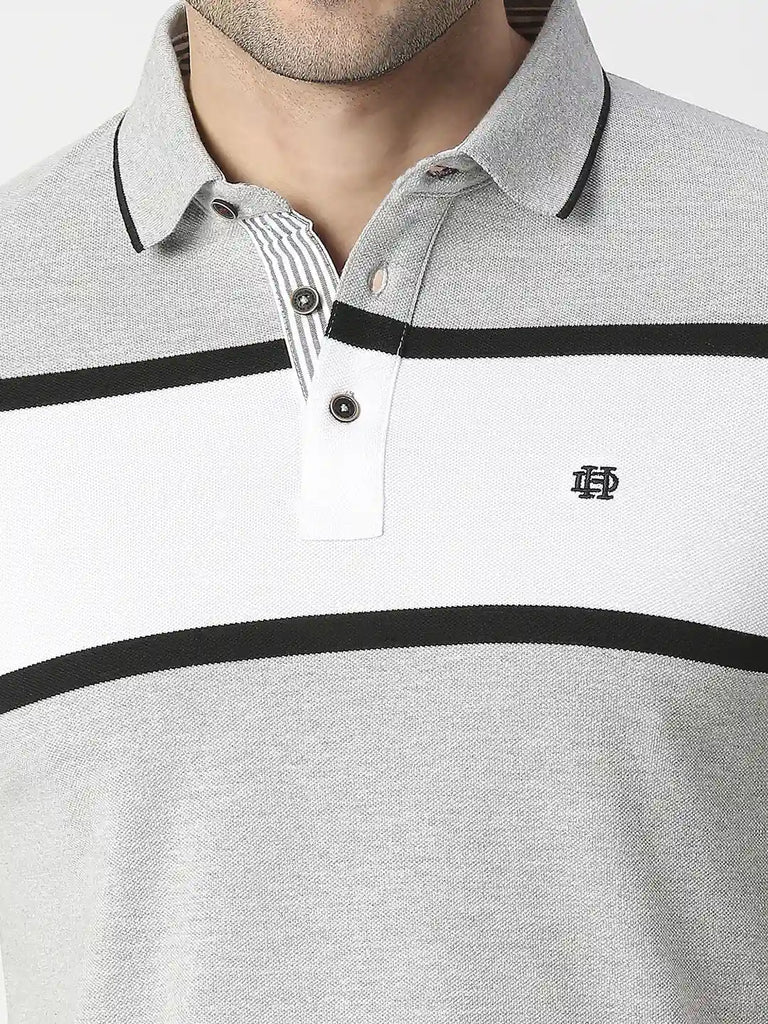 Grey Melange Striped Pique Polo T-shirt