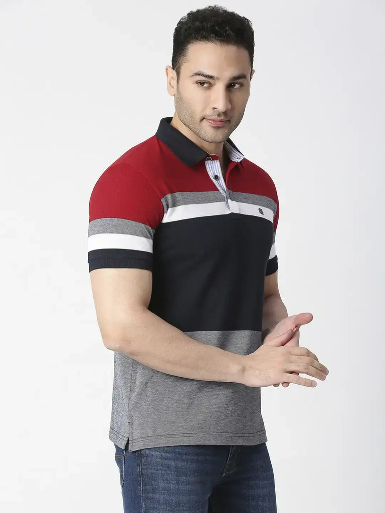 Red & Grey Colour Blocked Pique Polo T-shirt