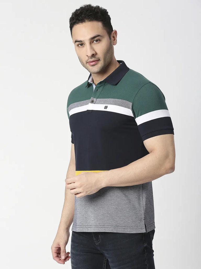 Bottle Green Multi Colour Block Pique Polo T-shirt