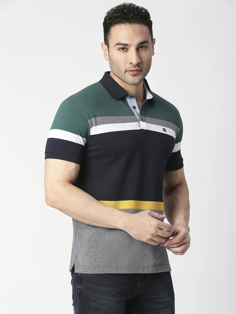 Bottle Green Multi Colour Block Pique Polo T-shirt