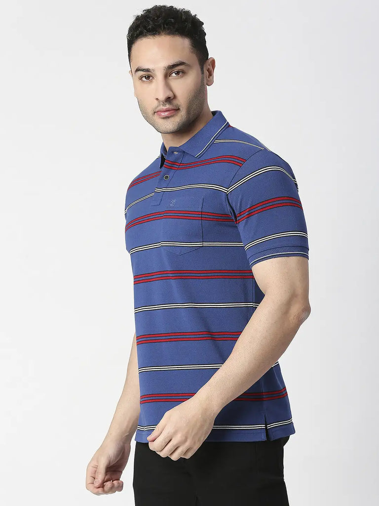 Royal Blue Striped Pique Polo T-shirt With Pocket