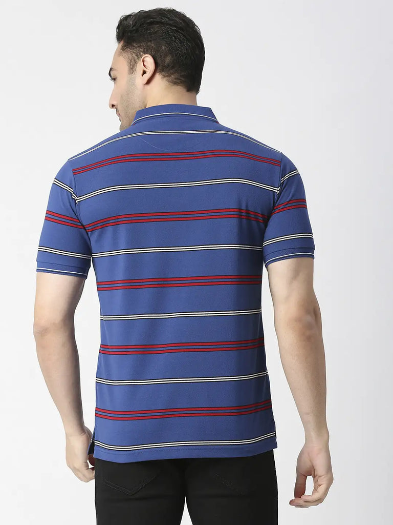 Royal Blue Striped Pique Polo T-shirt With Pocket