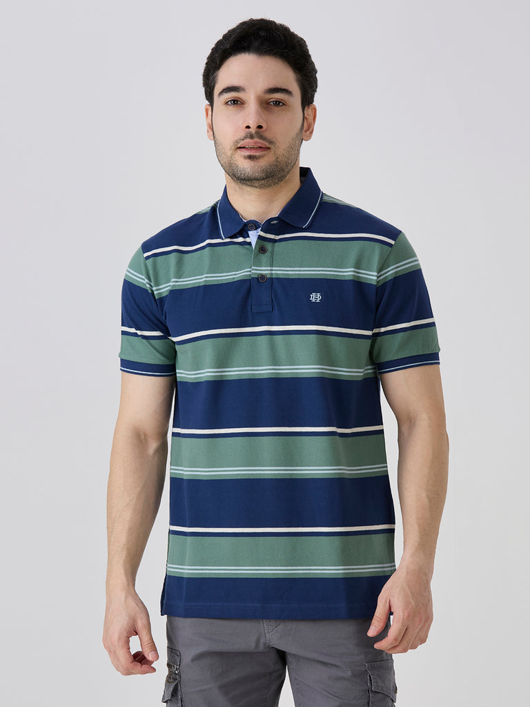 Indigo Pique Cotton Lycra Horizontal Stripe Polo