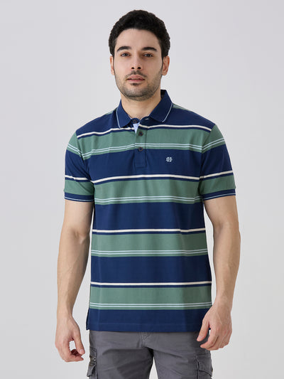Indigo Pique Cotton Lycra Horizontal Stripe Polo