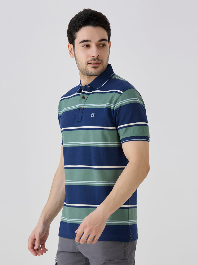 Indigo Pique Cotton Lycra Horizontal Stripe Polo