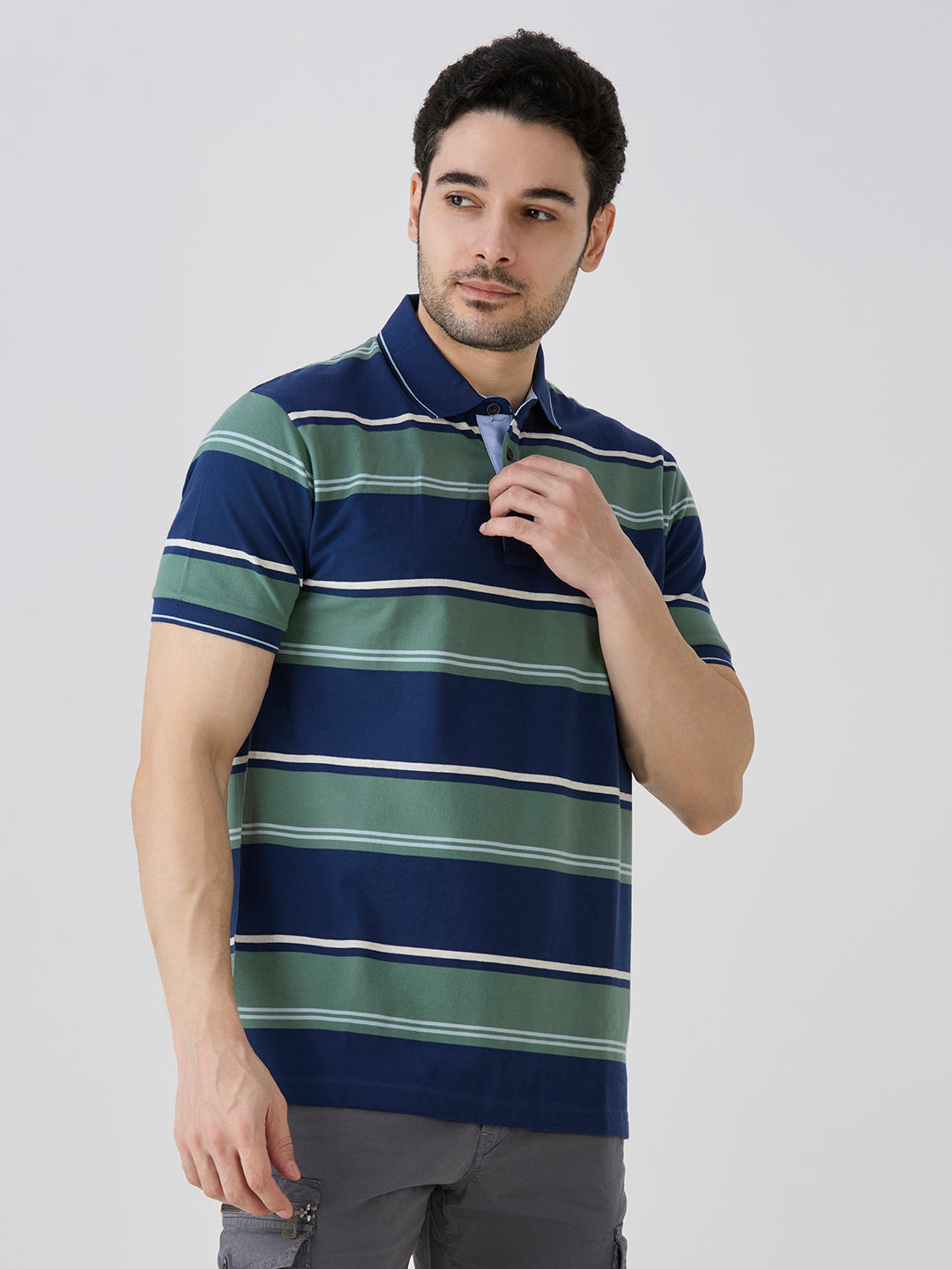 Indigo Pique Cotton Lycra Horizontal Stripe Polo