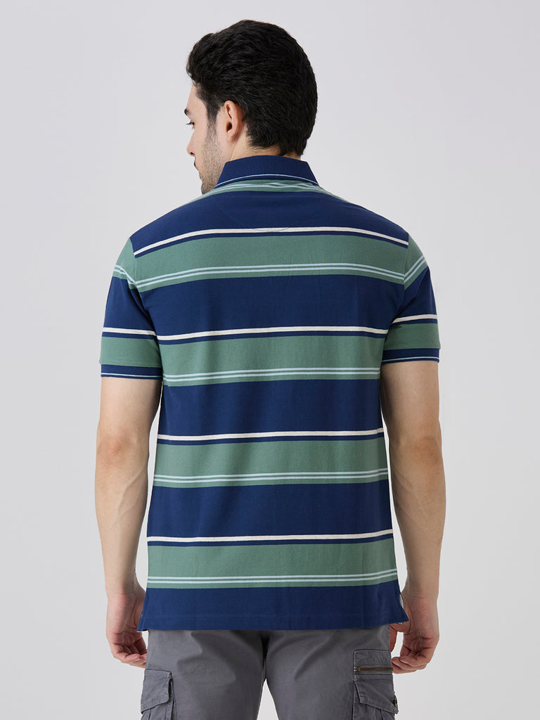Indigo Pique Cotton Lycra Horizontal Stripe Polo