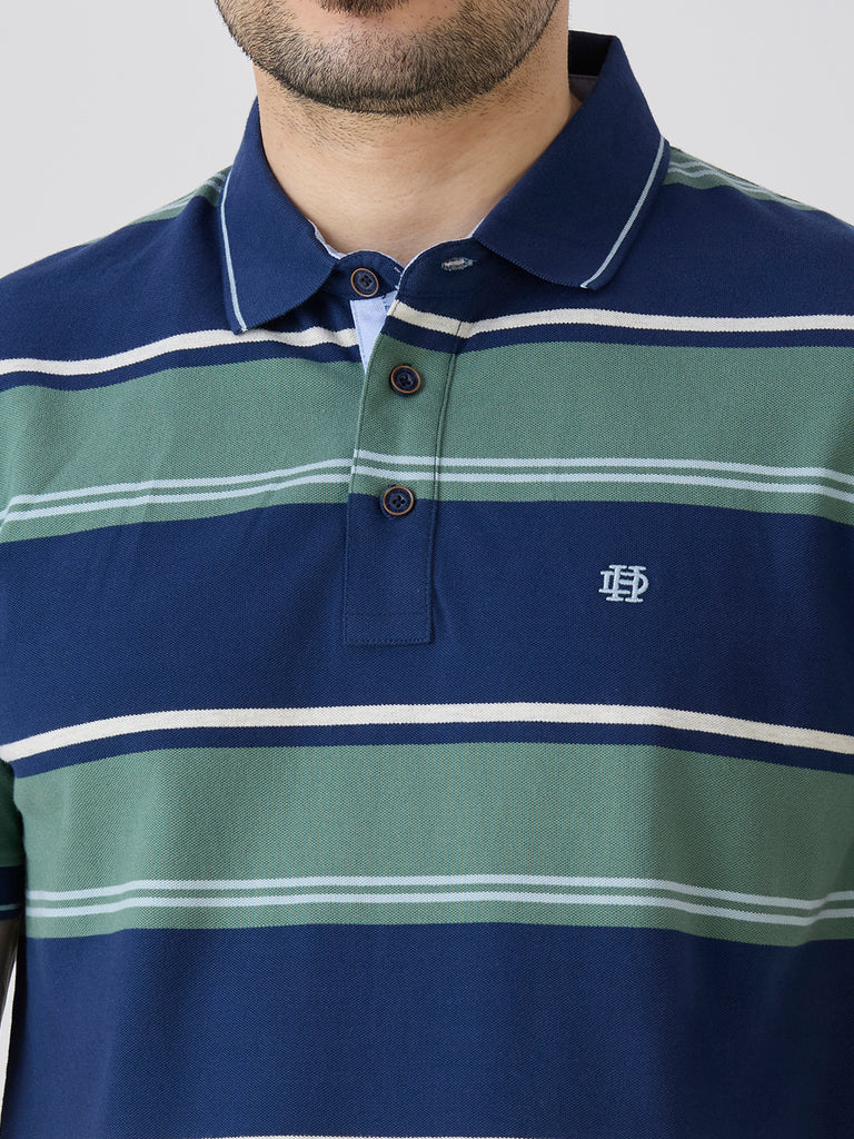 Indigo Pique Cotton Lycra Horizontal Stripe Polo