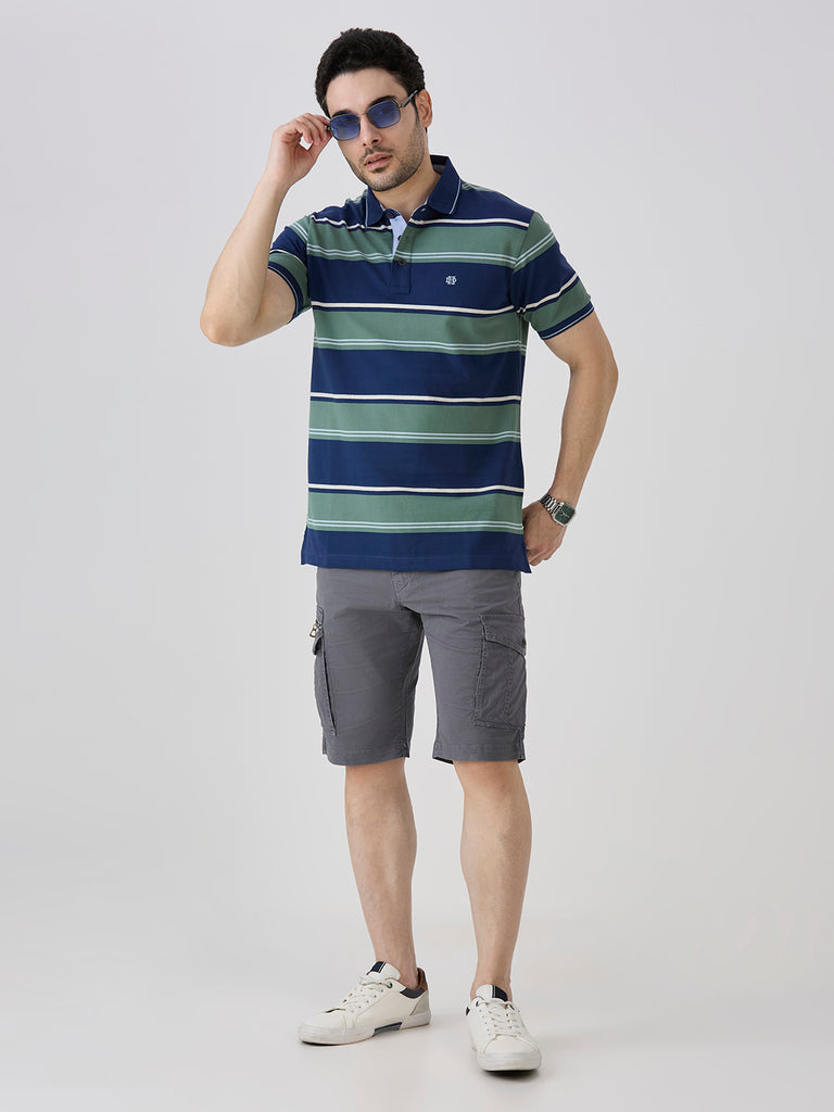 Indigo Pique Cotton Lycra Horizontal Stripe Polo