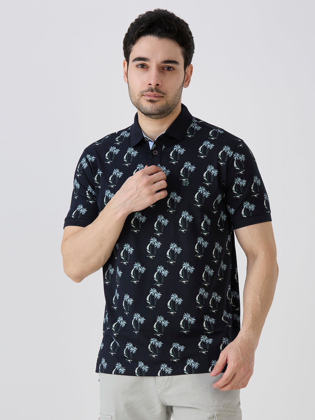 Navy Jersey Lycra Lycra AOP Polo