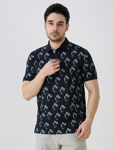 Navy Jersey Lycra Lycra AOP Polo