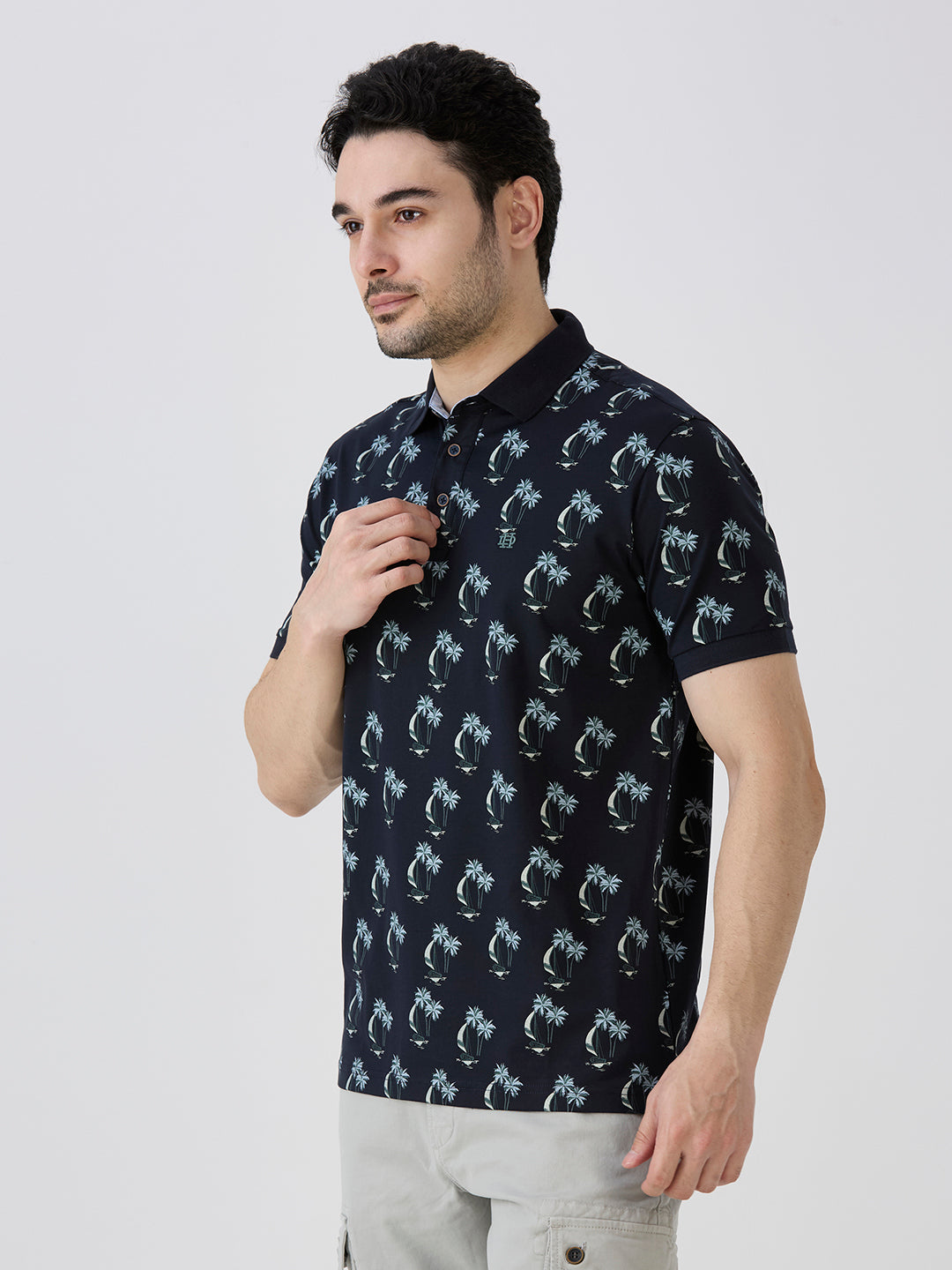 Navy Jersey Lycra Lycra AOP Polo