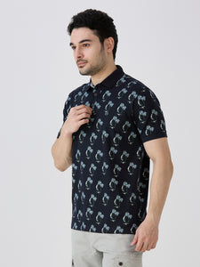 Navy Jersey Lycra Lycra AOP Polo