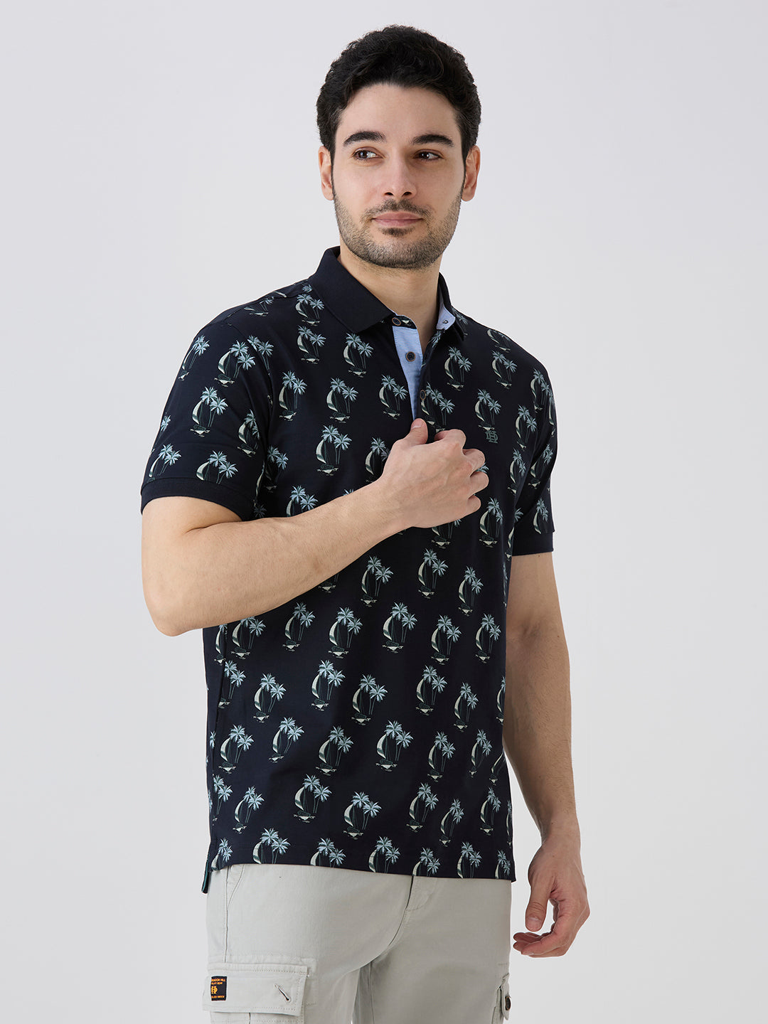 Navy Jersey Lycra Lycra AOP Polo