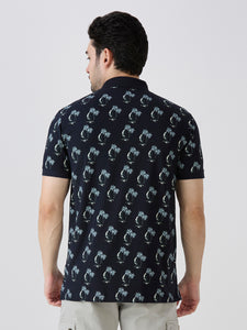 Navy Jersey Lycra Lycra AOP Polo