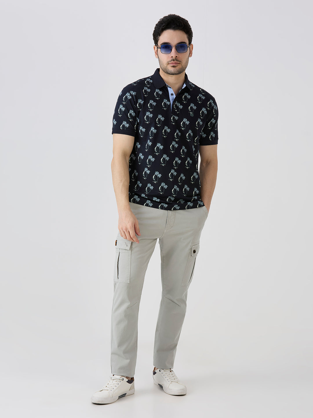 Navy Jersey Lycra Lycra AOP Polo