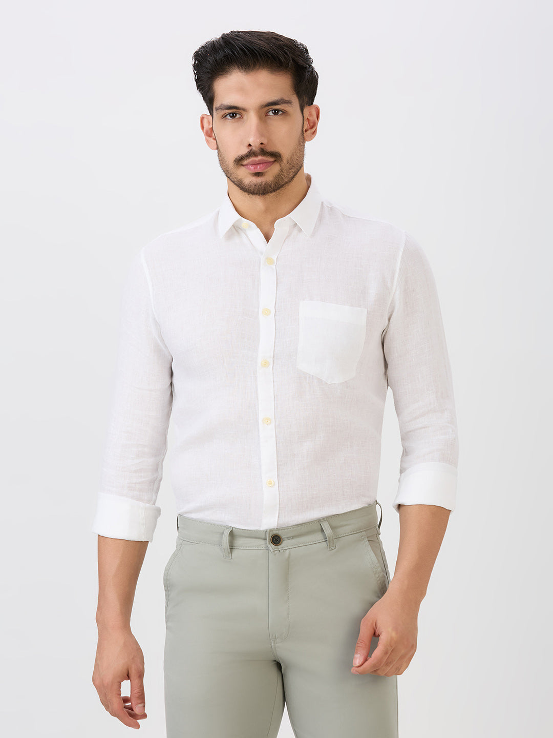White Slim Fit Premium Linen Solid Shirt